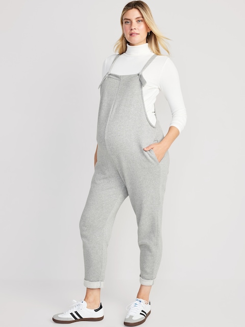 Maternity Knotted-Strap Fleece Overalls - Medium Heather Gray