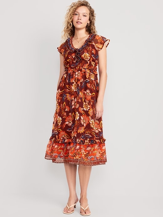 Image number 1 showing, Waist-Defined Flutter-Sleeve Midi Dress