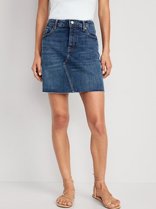 Image number 1 showing, High-Waisted Button-Fly OG Straight Mini Cut-Off Jean Skirt
