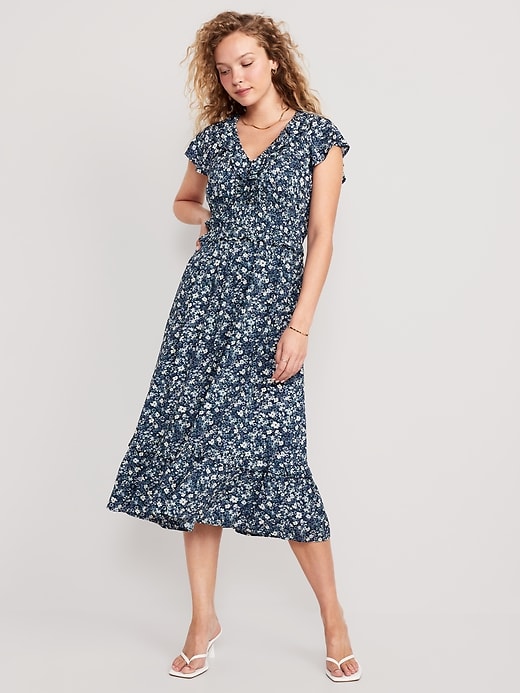 Waist-Defined Flutter-Sleeve Floral Midi Dress | Old Navy