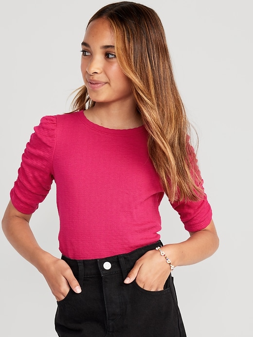 View large product image 1 of 3. Ruched Puff-Sleeve Textured-Knit Top for Girls
