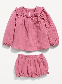 View large product image 3 of 3. Long-Sleeve Double-Weave Smocked Top & Bloomer Shorts Set for Baby