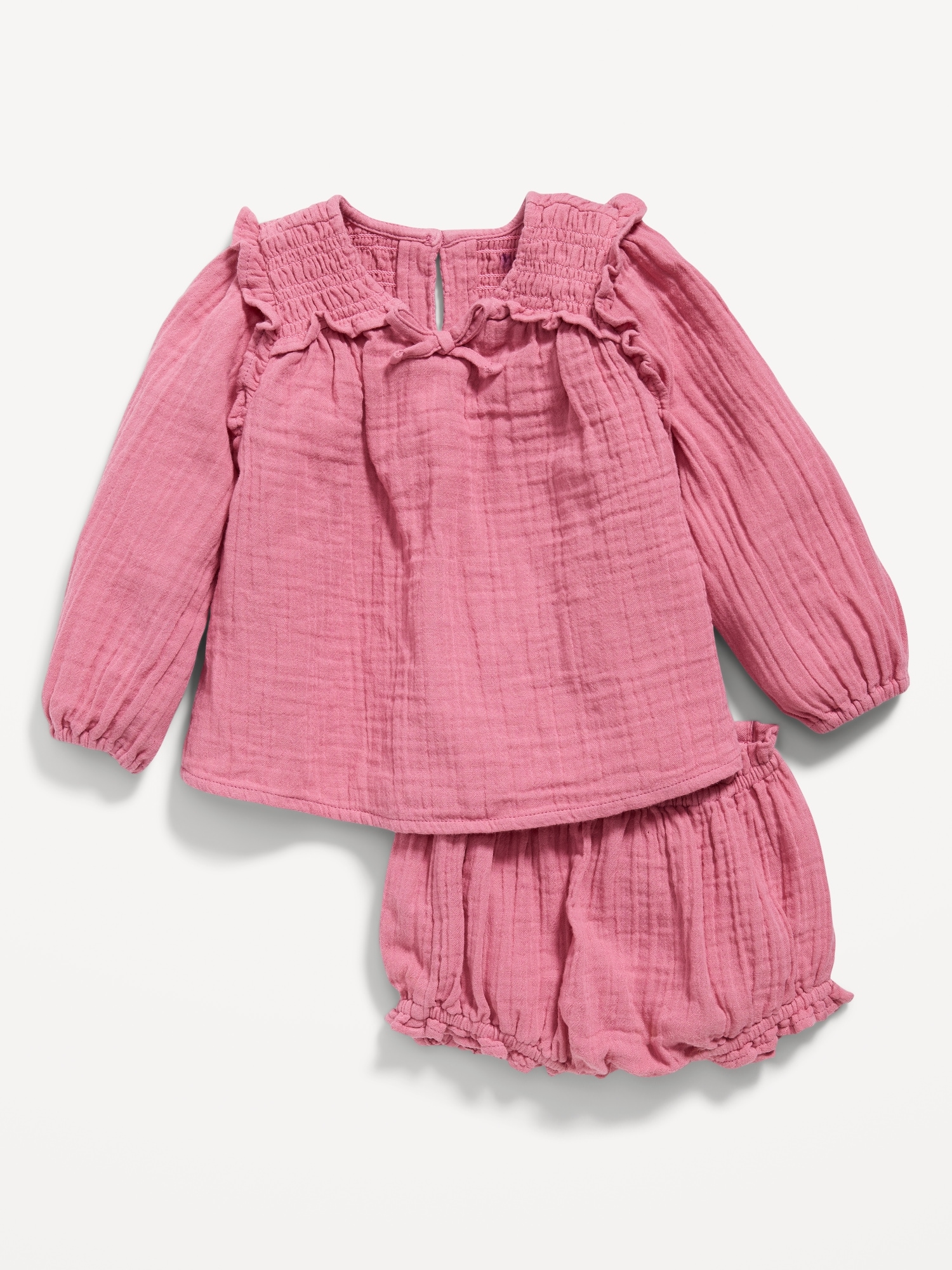 Long-Sleeve Double-Weave Smocked Top & Bloomer Shorts Set for Baby
