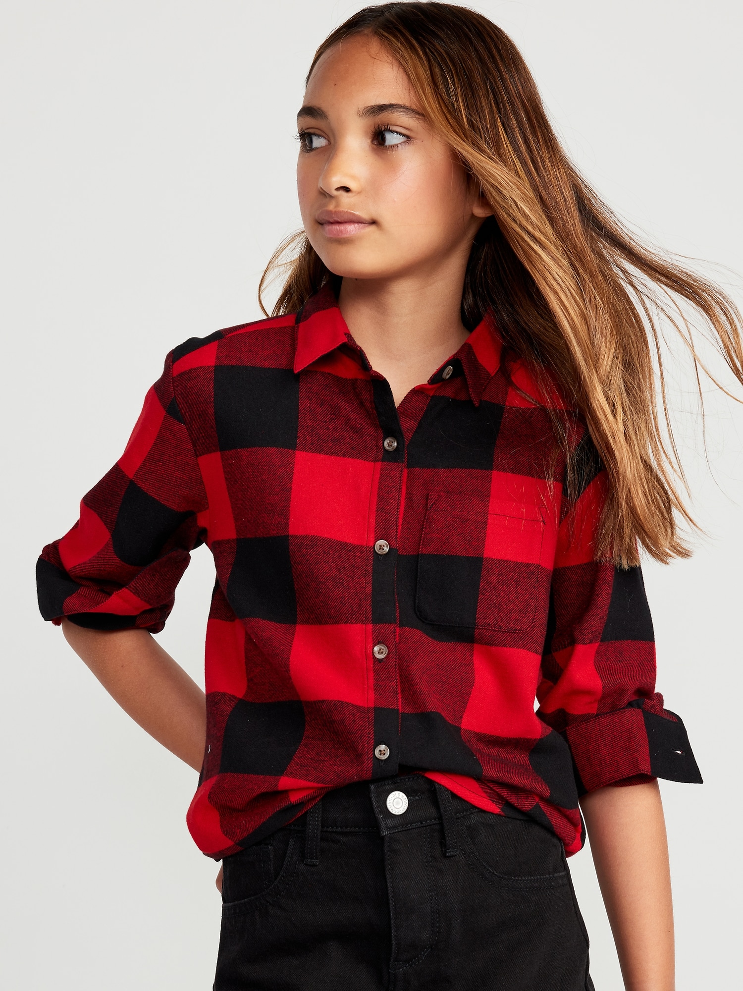 Cozy Long-Sleeve Button-Front Plaid Tunic Shirt for Girls | Old Navy