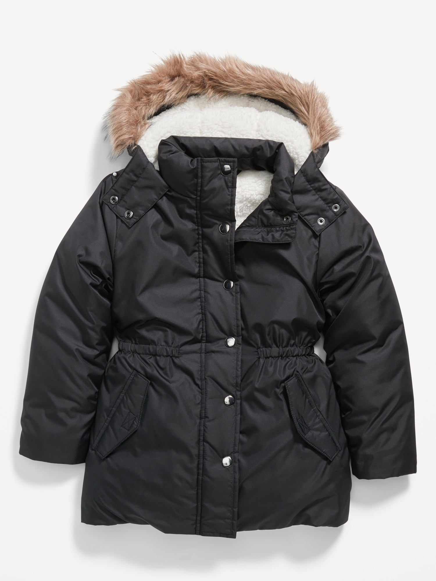 Sherpa-Lined Cinched-Waist Hooded Parka Coat for Girls