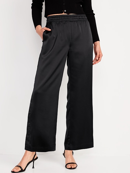 Image number 1 showing, Mid-Rise Wide-Leg Satin Track Pants