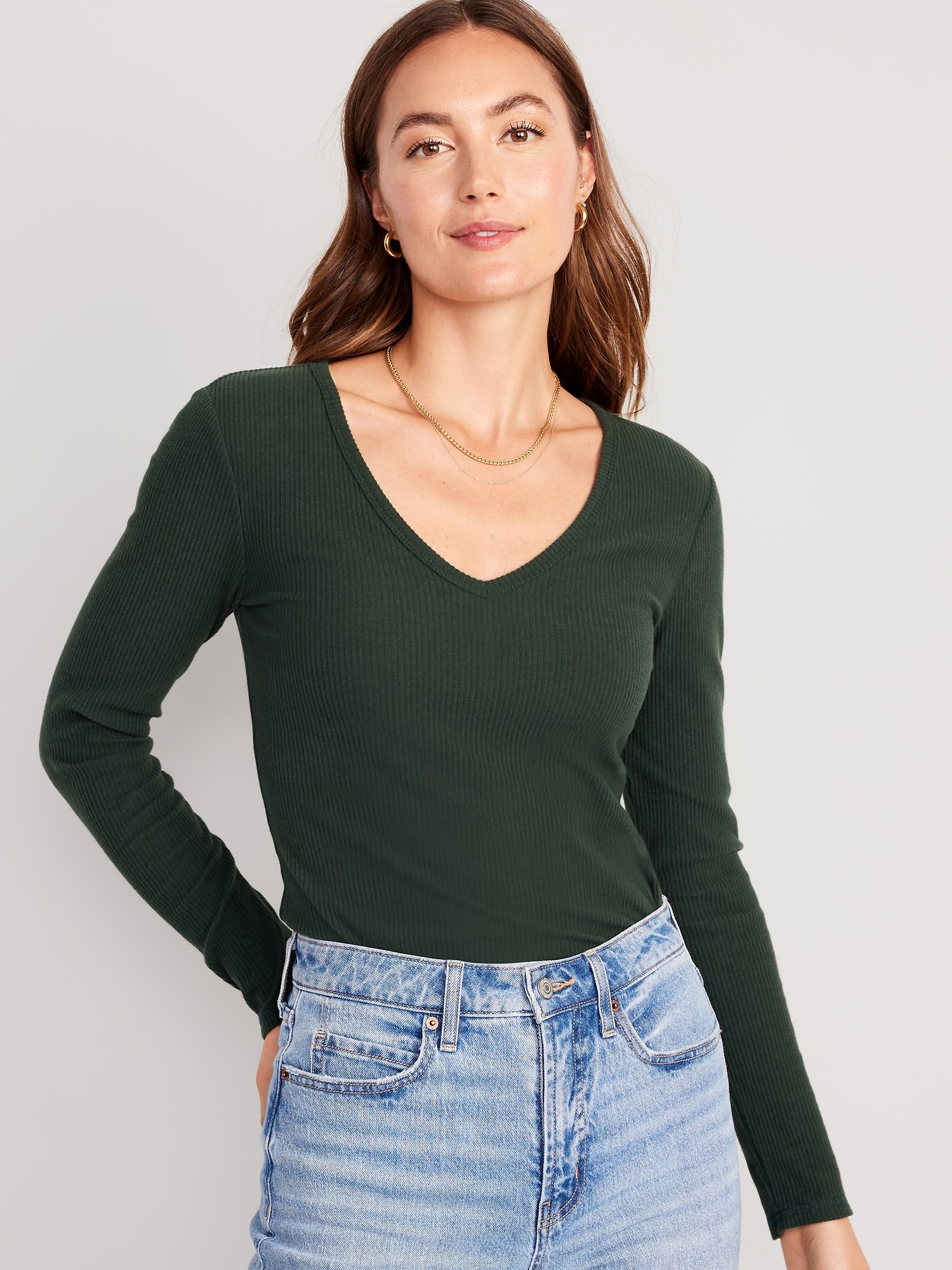 Women's V Neck Ribbed Crop Top Long Sleeve Pullover Casual Loose T-shirt Tee