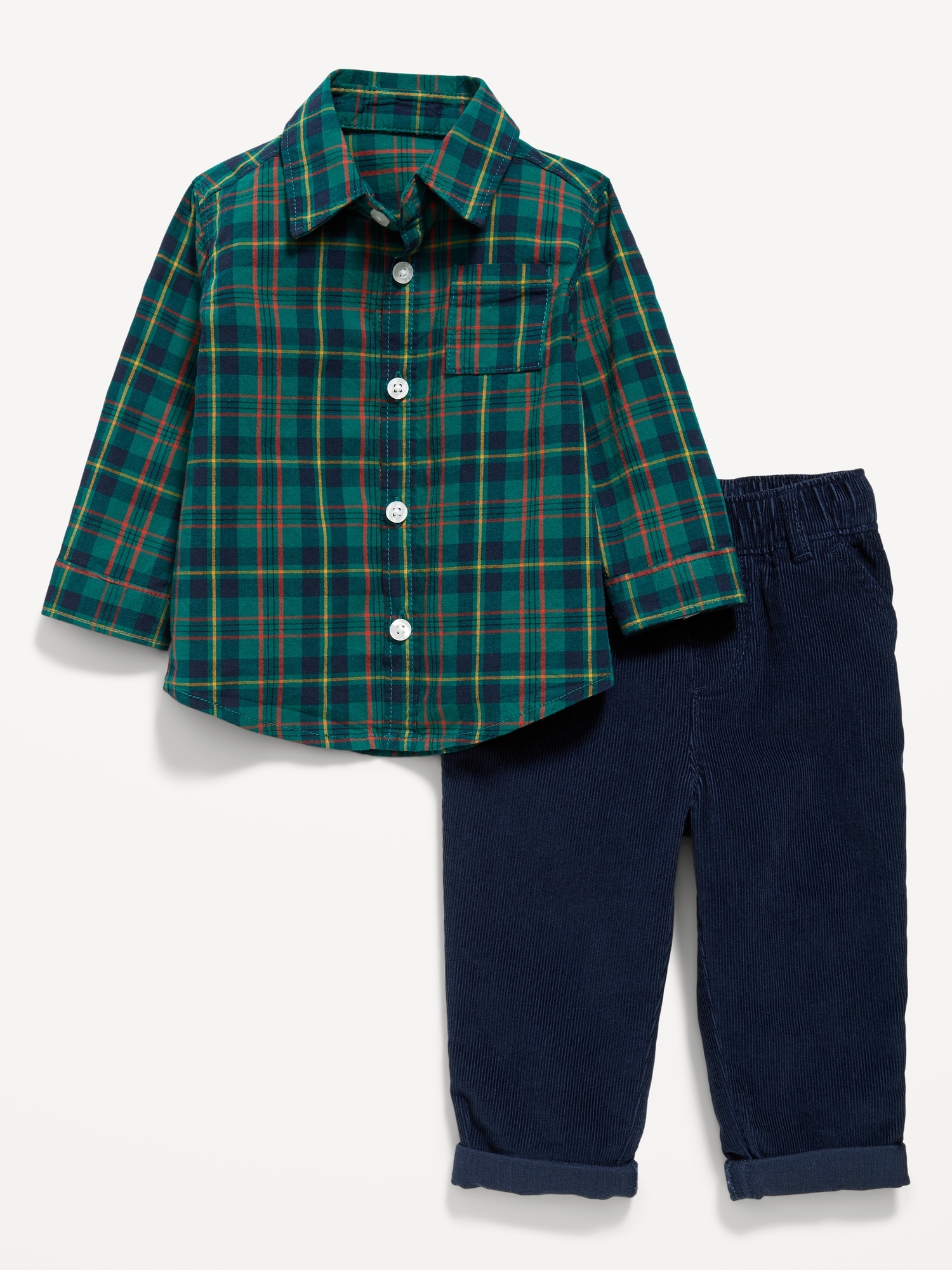 Plaid Poplin Pocket Shirt & Corduroy Pants Set for Baby