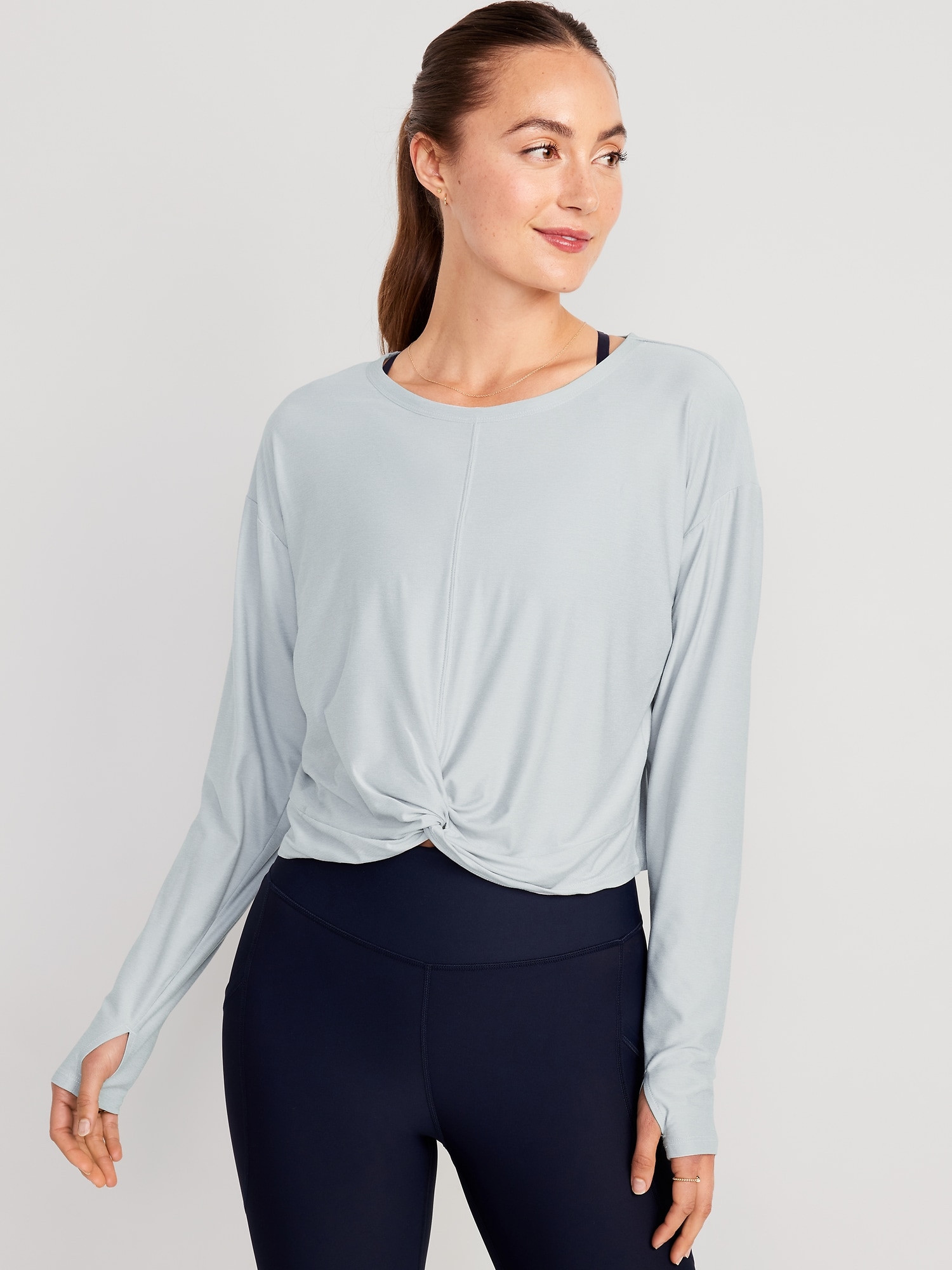 Long Sleeve Twist Front Crop Top Greys