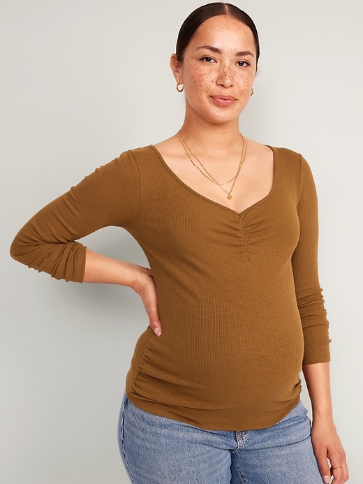View large product image 1 of 1. Maternity Fitted Cinched-Front Rib-Knit T-Shirt