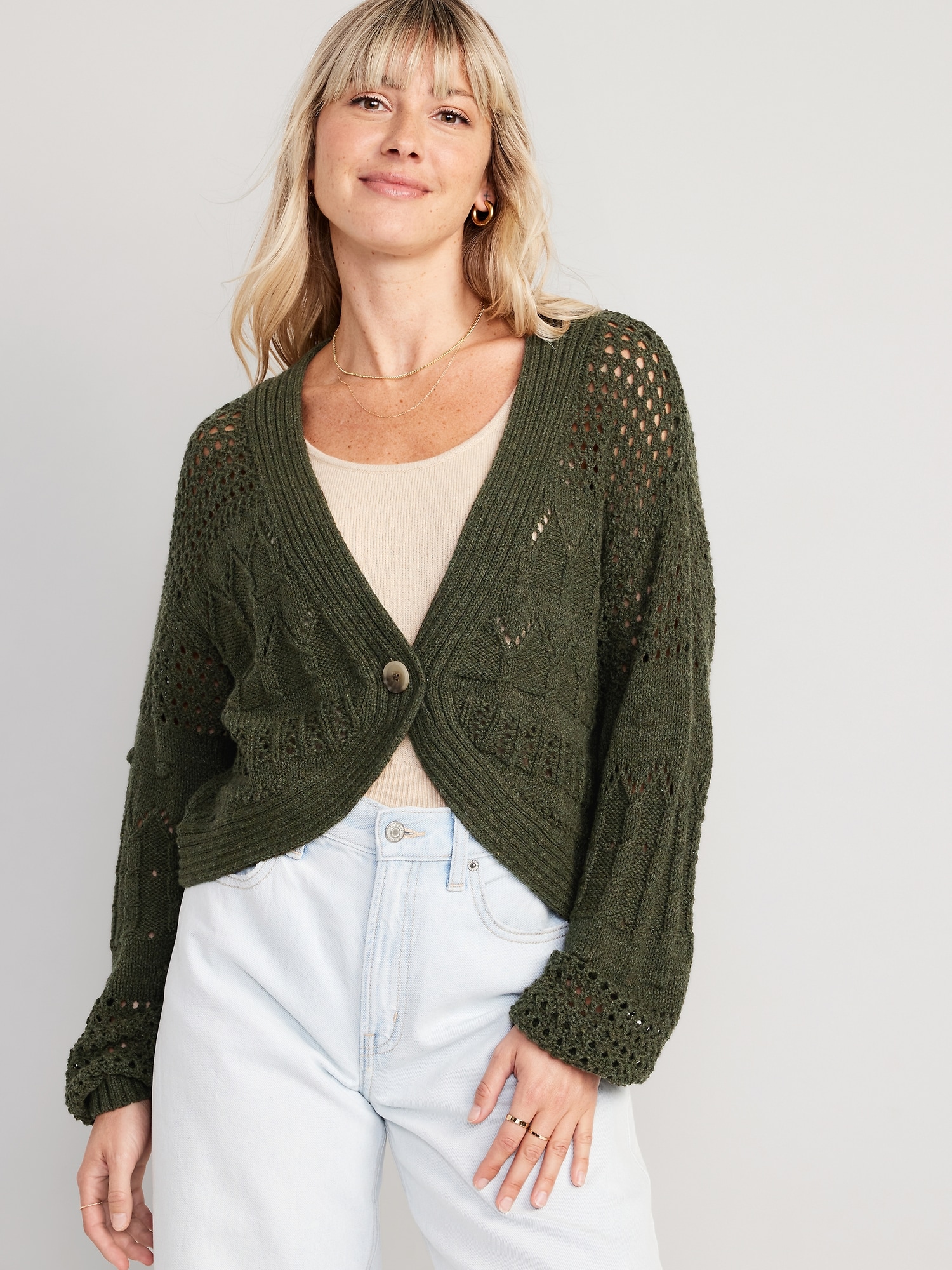 Open-Stitch Cropped Cardigan Sweater