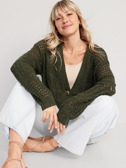 Image number 3 showing, Open-Stitch Cropped Cardigan Sweater