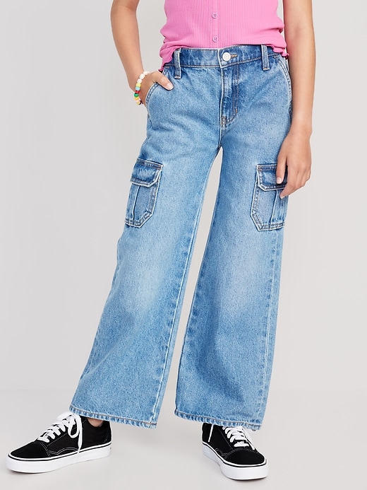 View large product image 1 of 5. High-Waisted Baggy Wide-Leg Cargo Jeans for Girls