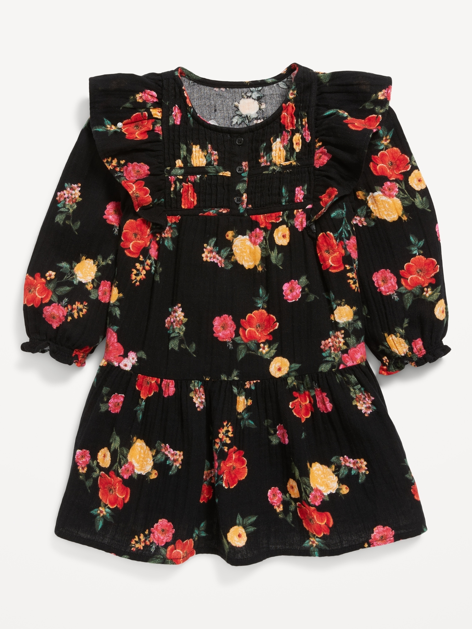 Long-Sleeve Printed Ruffle-Trim Button-Front Dress for Toddler Girls