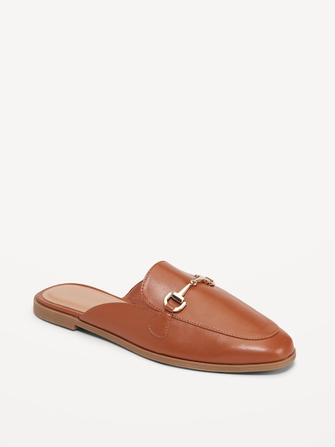 Faux-Leather Loafer Mule Shoes - Cognac Brown
