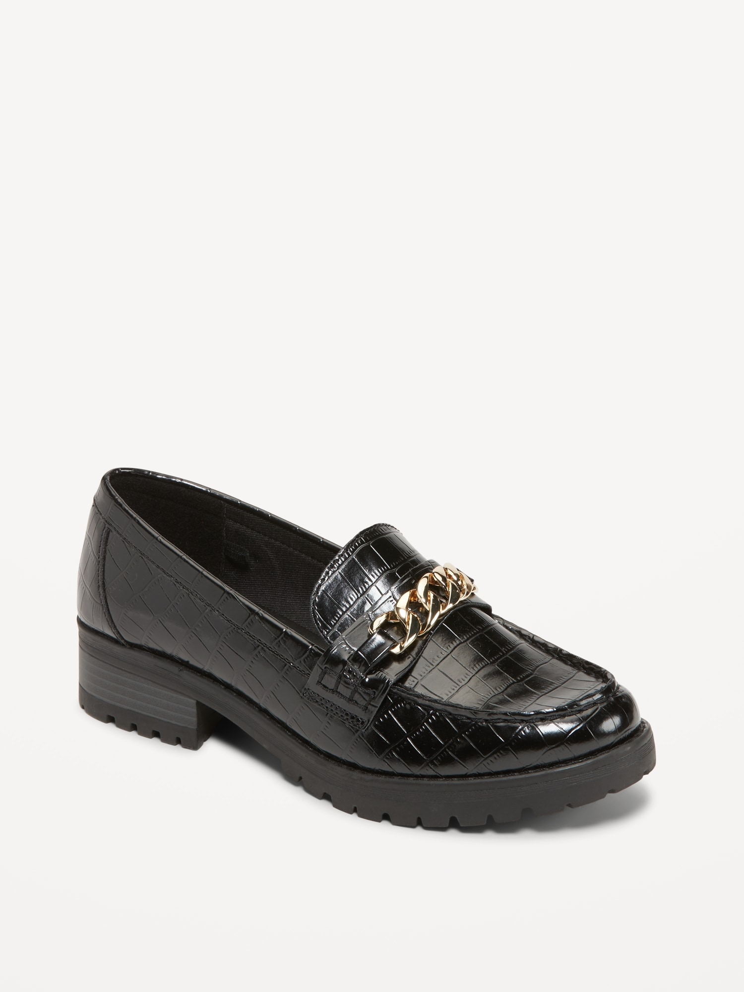 Faux Leather Chunky Heel Loafers