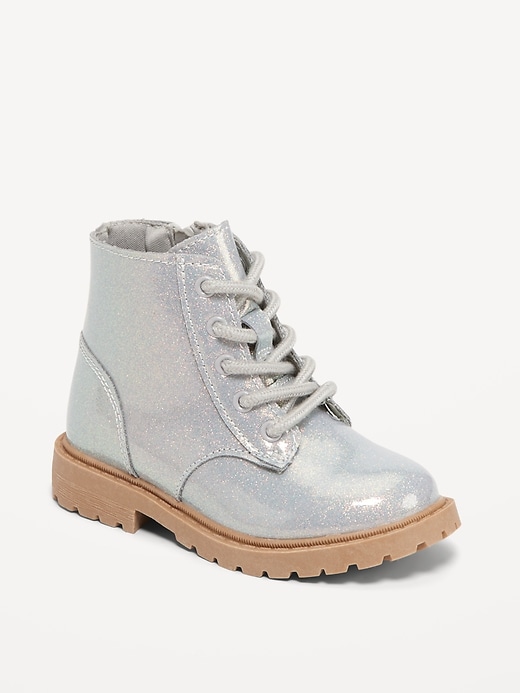 View large product image 1 of 1. Shiny Faux-Leather Side-Zip Combat Boots for Toddler Girls