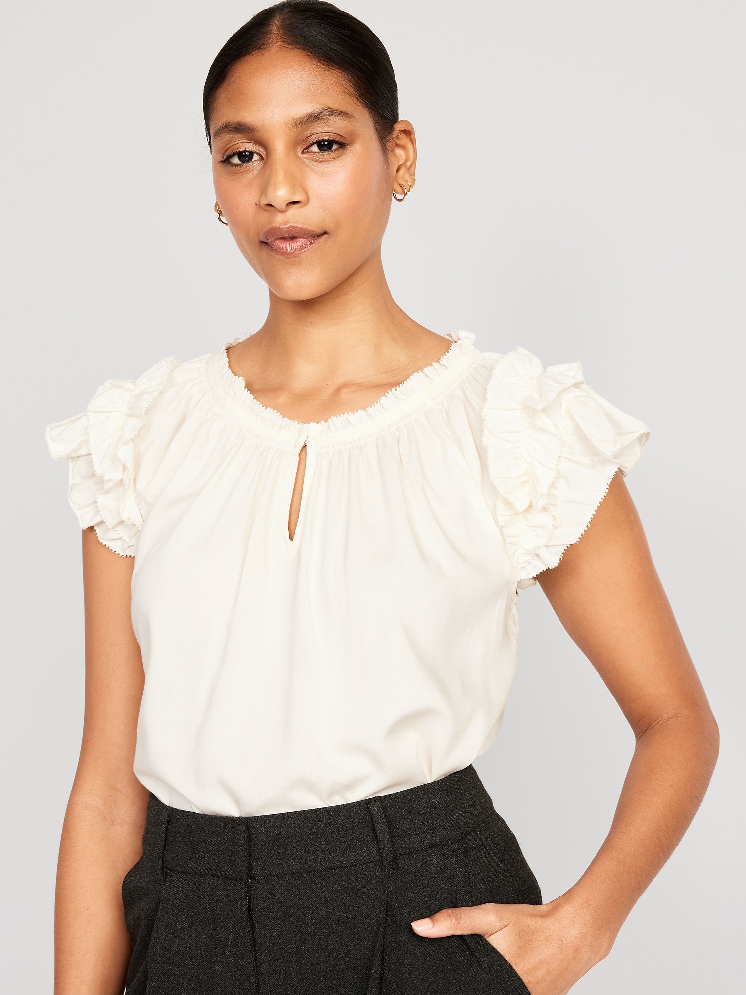 Fitted Ruffle-Trim Smocked Top