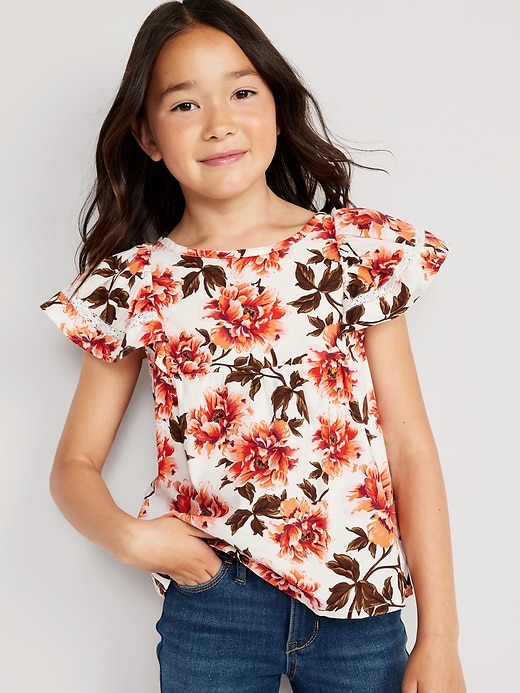 View large product image 1 of 5. Flutter-Sleeve Lace-Trim Swing Top for Girls