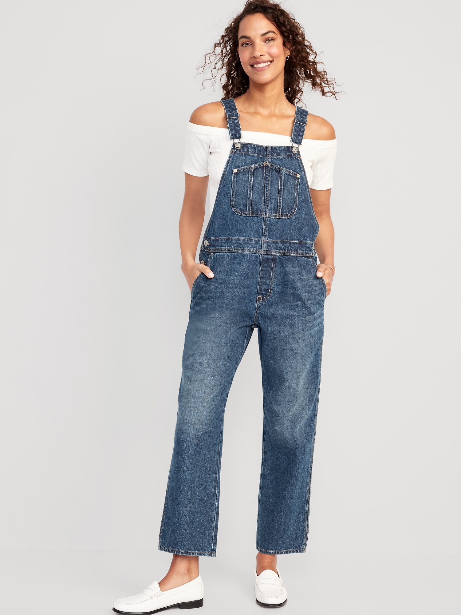 Slouchy Straight Ankle Jean Overalls Hot Deal