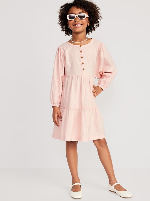 View large product image 1 of 4. Long-Sleeve Button-Front Clip-Dot Swing Dress for Girls