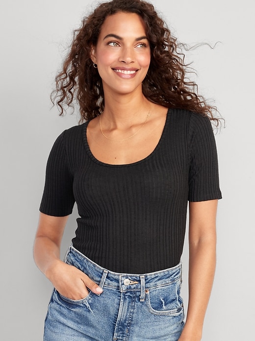 Image number 1 showing, Fitted Elbow-Sleeve Rib-Knit T-Shirt
