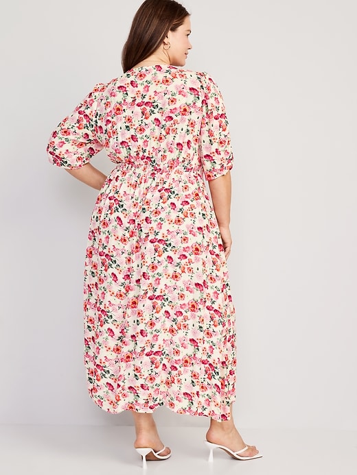 Puff-Sleeve V-Neck Crepe Midi Dress for Women | Old Navy