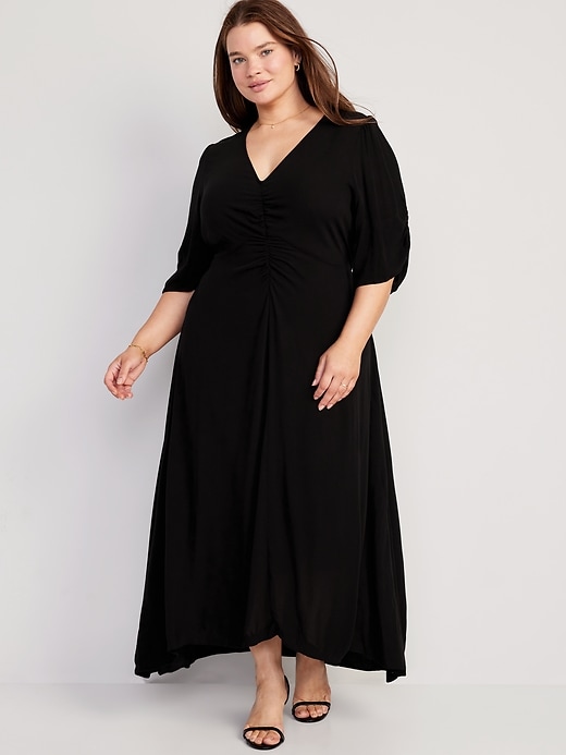 Puff-Sleeve V-Neck Crepe Midi Dress | Old Navy