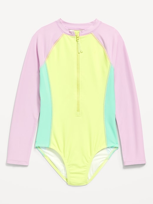 View large product image 1 of 1. Color-Block Zip-Front Rashguard One-Piece Swimsuit for Girls