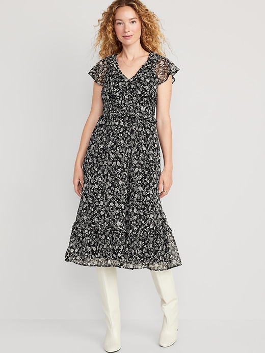 Image number 1 showing, Waist-Defined Flutter-Sleeve Midi Dress