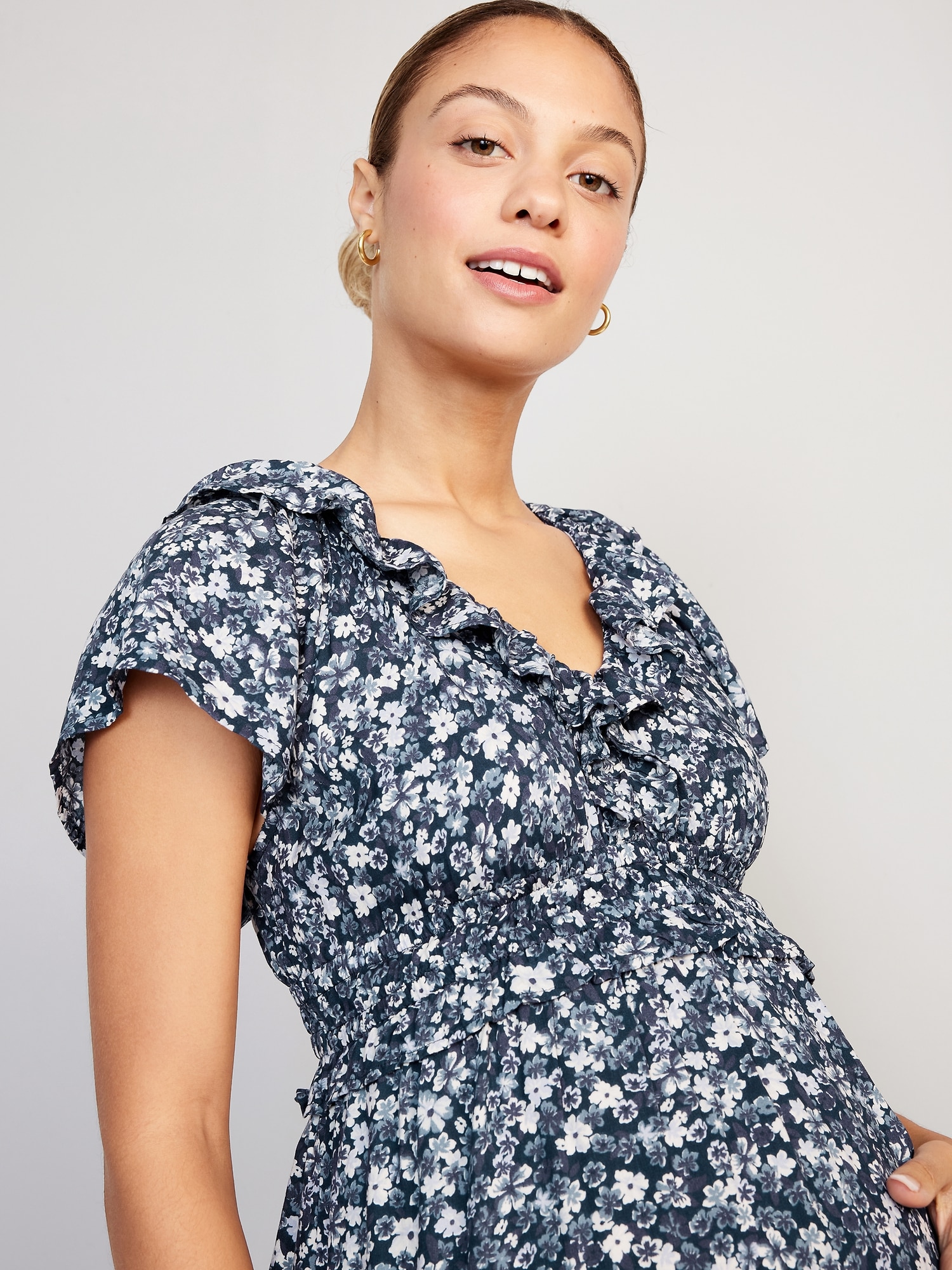 Maternity Waist Defined Flutter Sleeve Midi Dress Old Navy