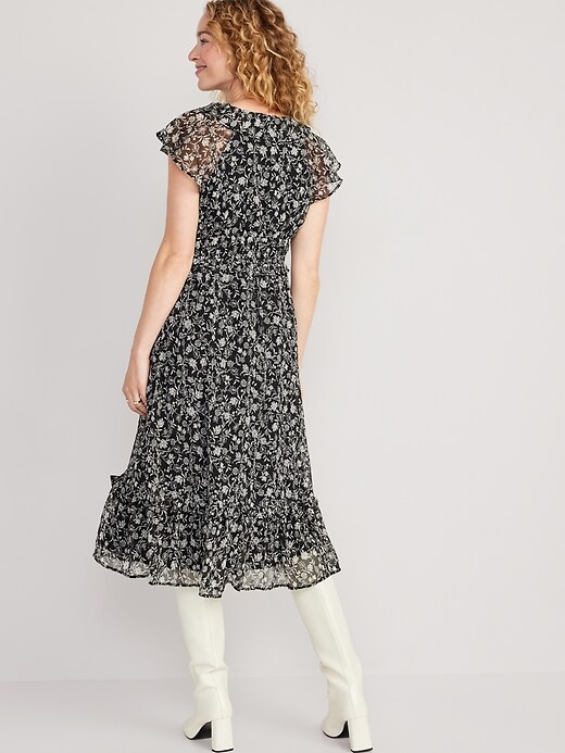 knee length dresses for ladies Old Navy Waist Defined Flutter Short Sleeve Floral Midi Dress Rust Red Small main image 0