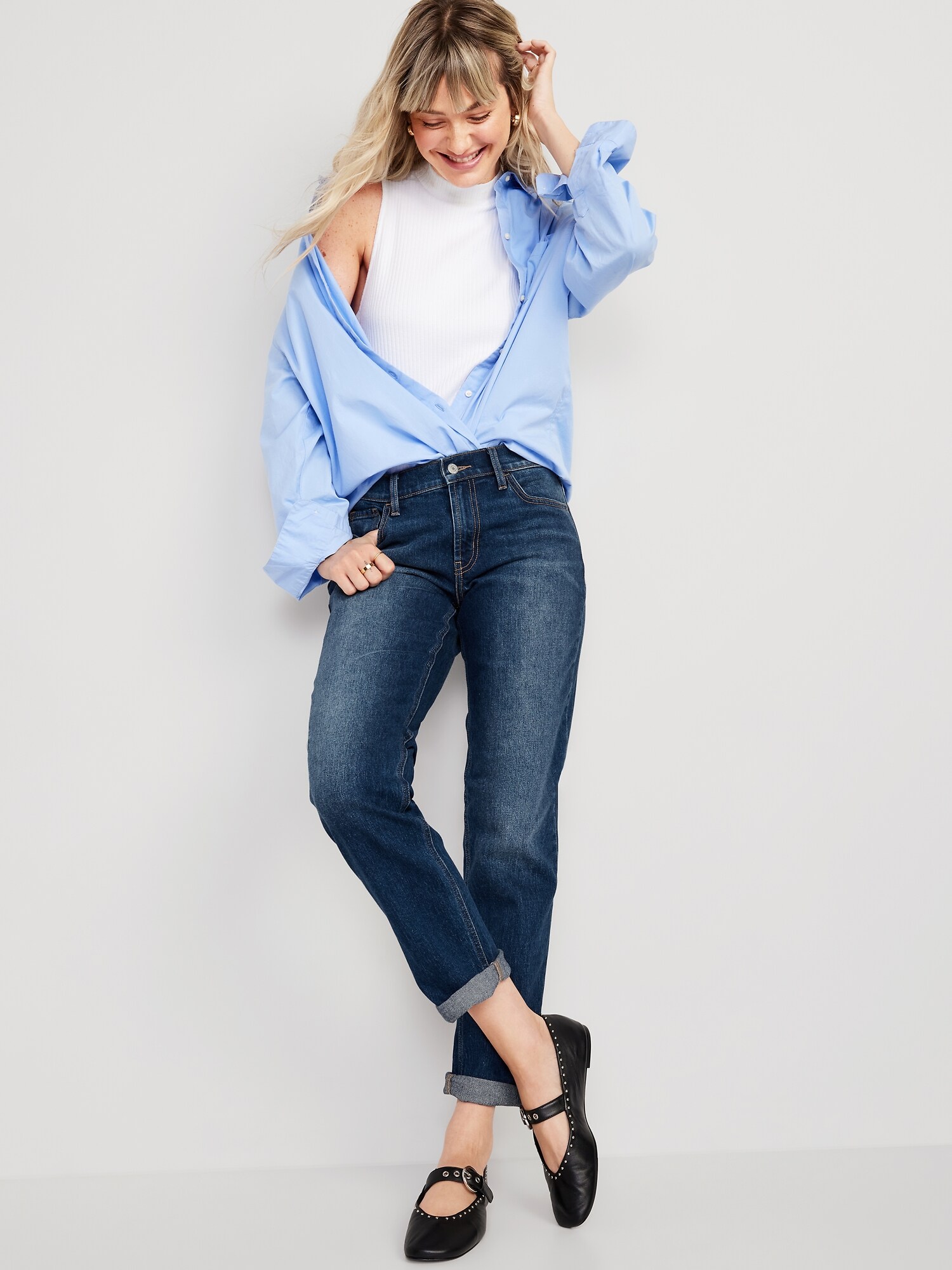 Женские джинсы Old Navy Mid-Rise Wow Boyfriend Straight, цвет: Тёмная варка — фото 3
