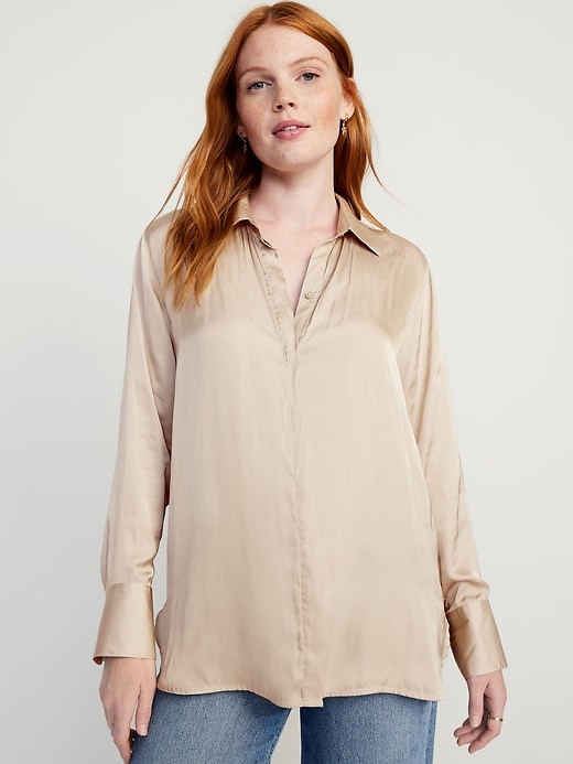 Image number 1 showing, Loose Satin Button-Down Shirt