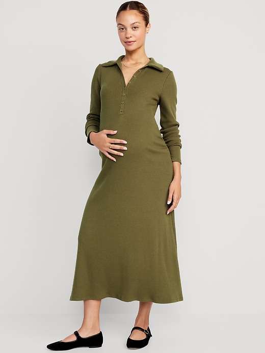Cotton Blend Knit Midi Dress W/ Collar
