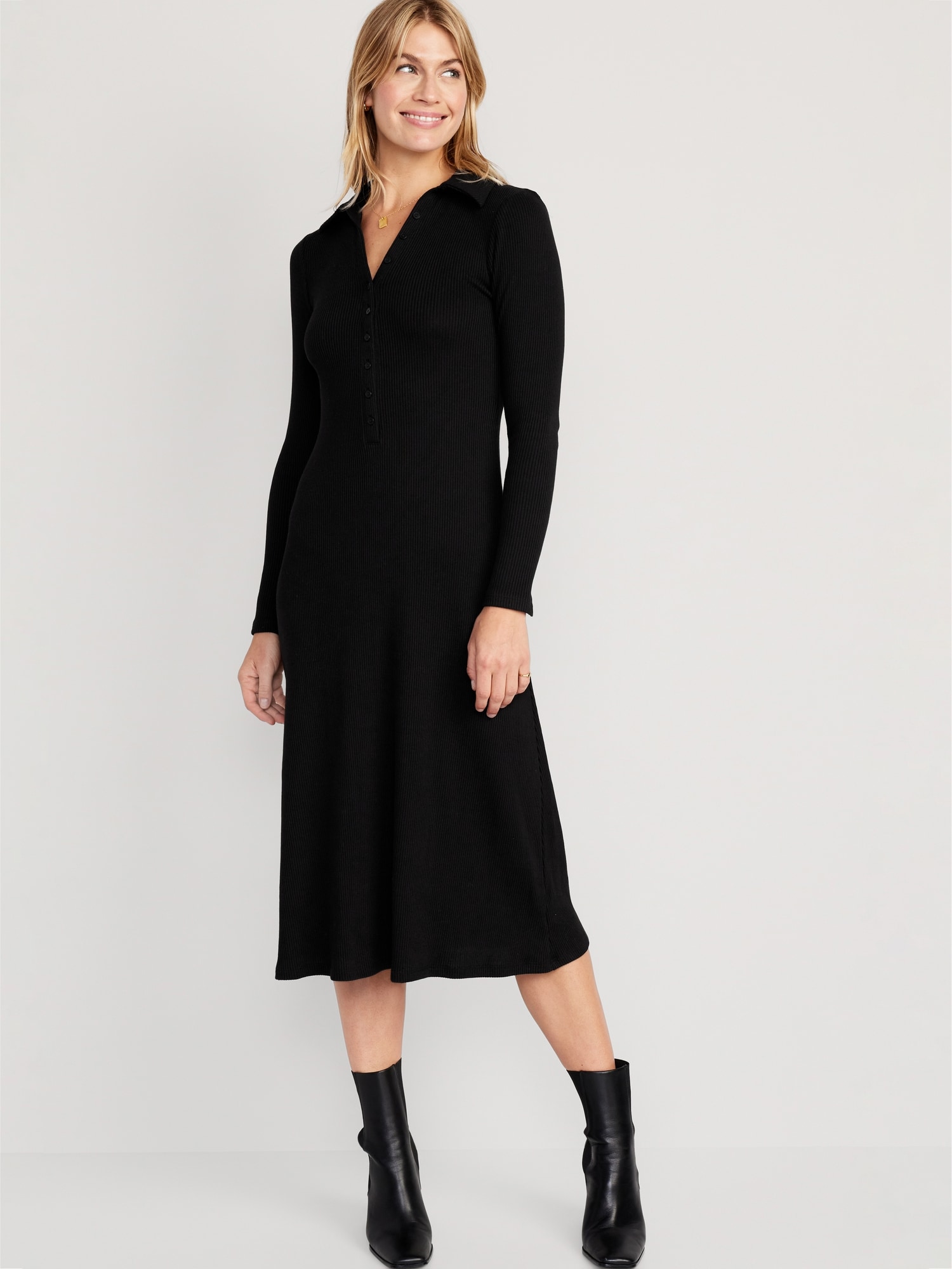 Fit & Flare Long-Sleeve Henley Midi Dress for Women | Old Navy