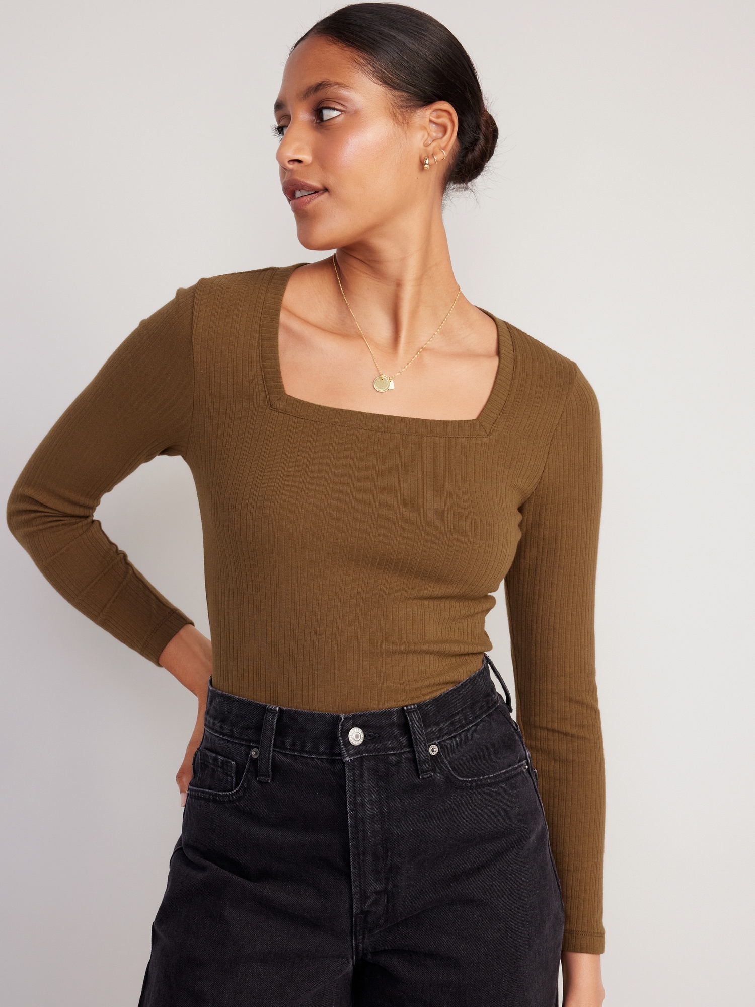 Fitted Square-Neck Rib-Knit T-Shirt for Women | Old Navy