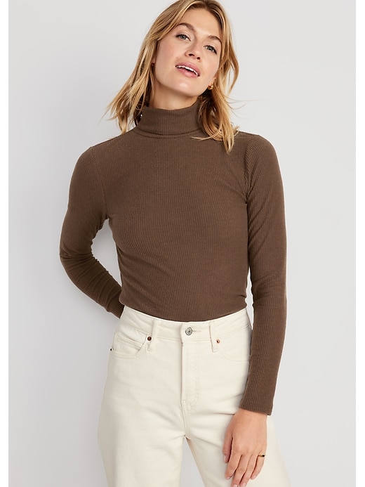 Image number 1 showing, Fitted Plush Rib-Knit Turtleneck