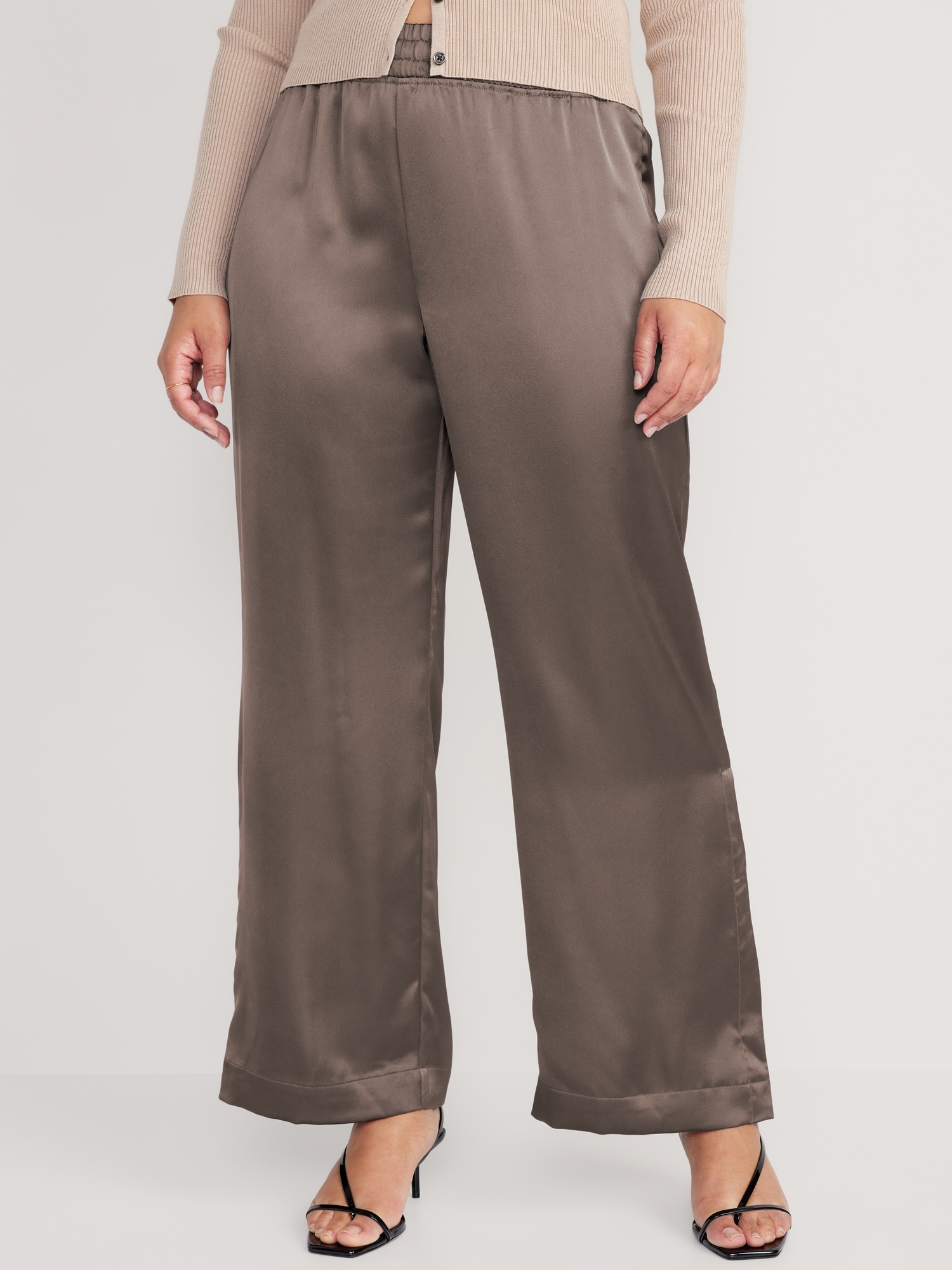 Mid Rise Wide Leg Satin Track Pants for Women   Old Navy