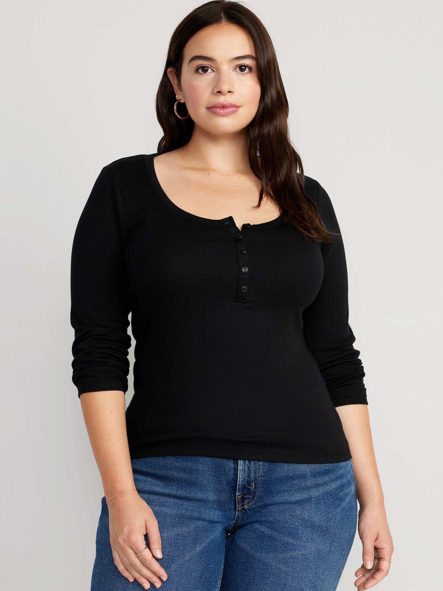 Женская футболка Old Navy Fitted Rib-Knit Henley, цвет: Чёрный — фото 5