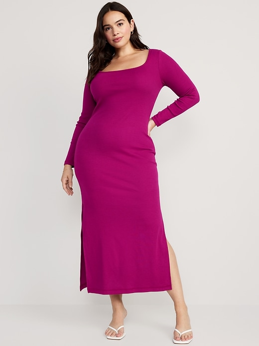 Image number 4 showing, Fitted Rib-Knit Square-Neck Midi Dress