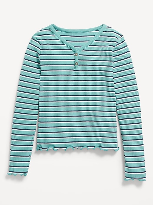 View large product image 1 of 1. Rib-Knit Lettuce-Edge Henley T-Shirt for Girls