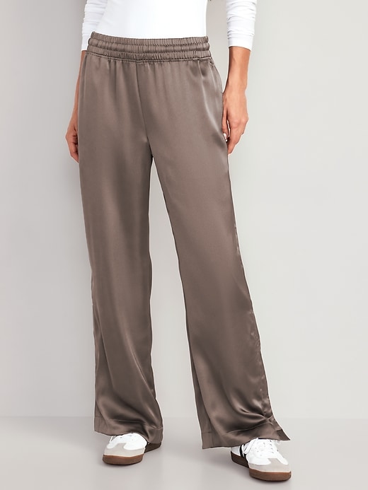 Image number 1 showing, Mid-Rise Wide-Leg Satin Track Pants