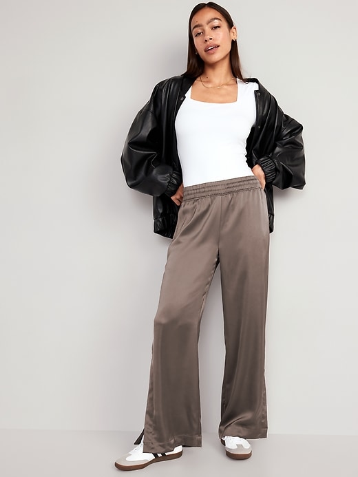Image number 3 showing, Mid-Rise Wide-Leg Satin Track Pants