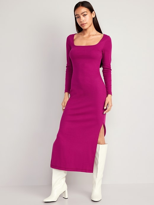 Image number 1 showing, Fitted Rib-Knit Square-Neck Midi Dress