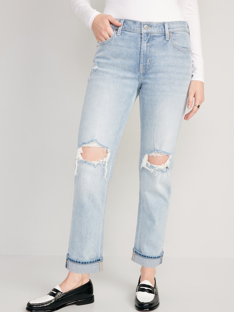 Mid-Rise Boyfriend Straight Jeans - Ripped Light Wash