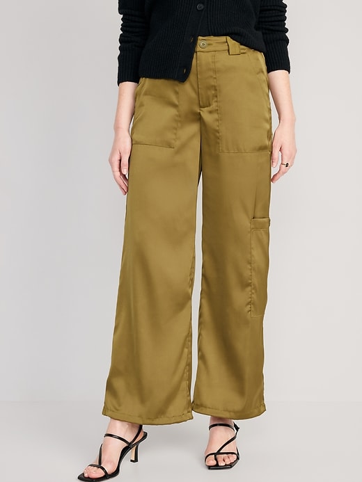 Image number 1 showing, High-Waisted Satin Cargo Jogger Pants