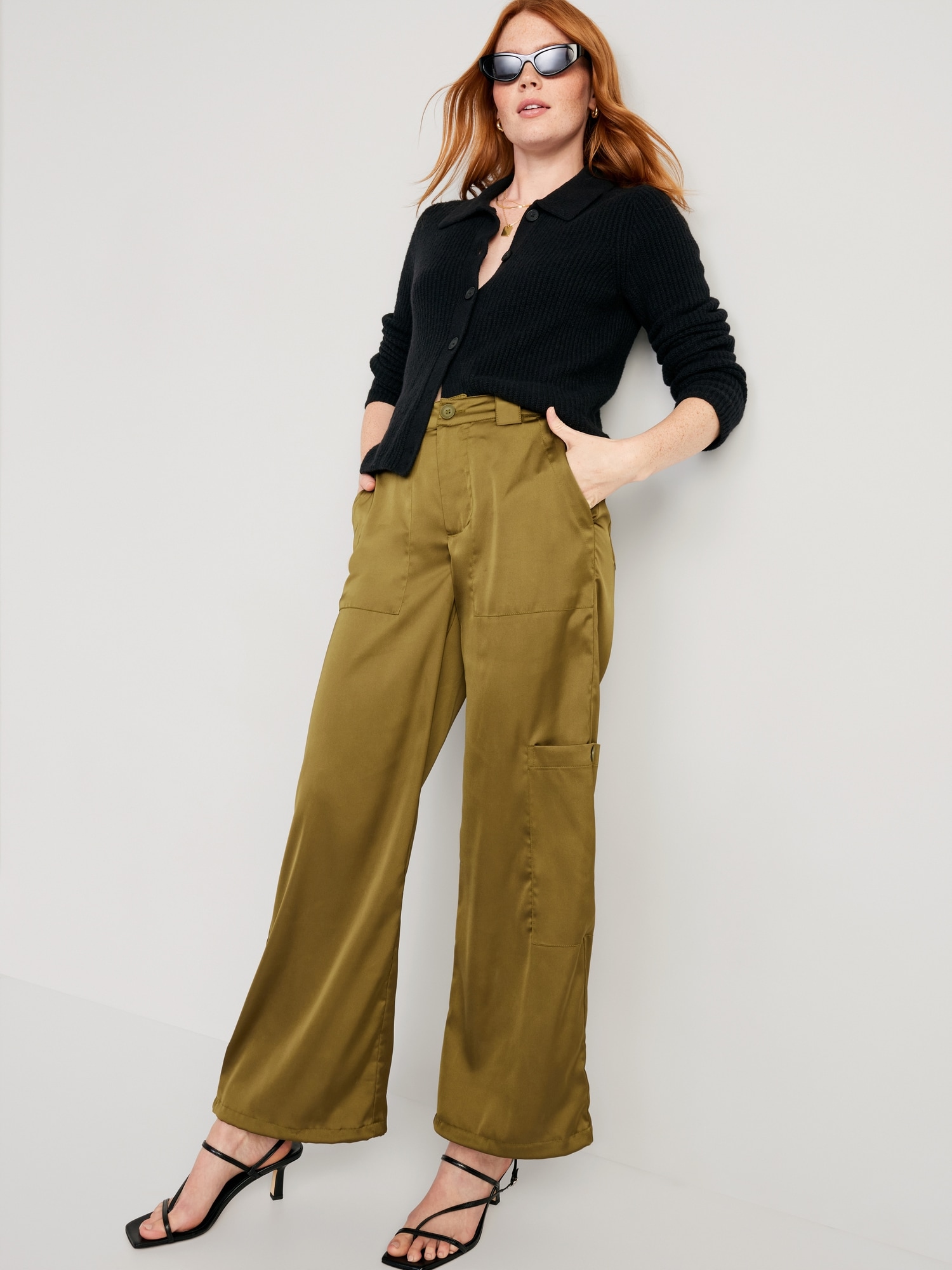Women's Satin Cargo Joggers Pants Dressy Casual Silky Elastic High Waist  Trousers Black at  Women's Clothing store