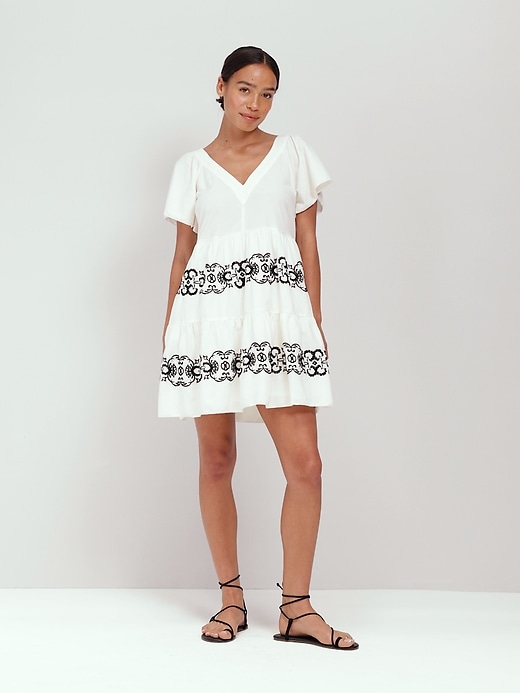 Matching Embroidered Flutter-Sleeve Mini Swing Dress for Women