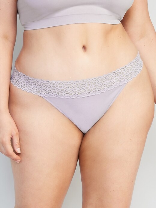 Image number 5 showing, Mid-Rise Supima&#174 Cotton-Blend Lace-Trim Thong Underwear
